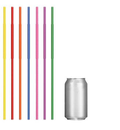 Set of colorful extra flexible art straws next to a silver soda can for size comparison