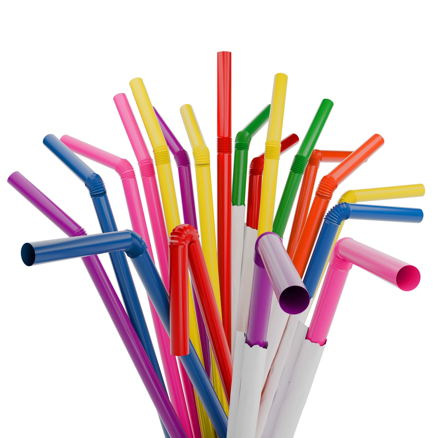 Colorful paper wrapped plastic flexible straws with bendable necks for hygienic and convenient beverage use
