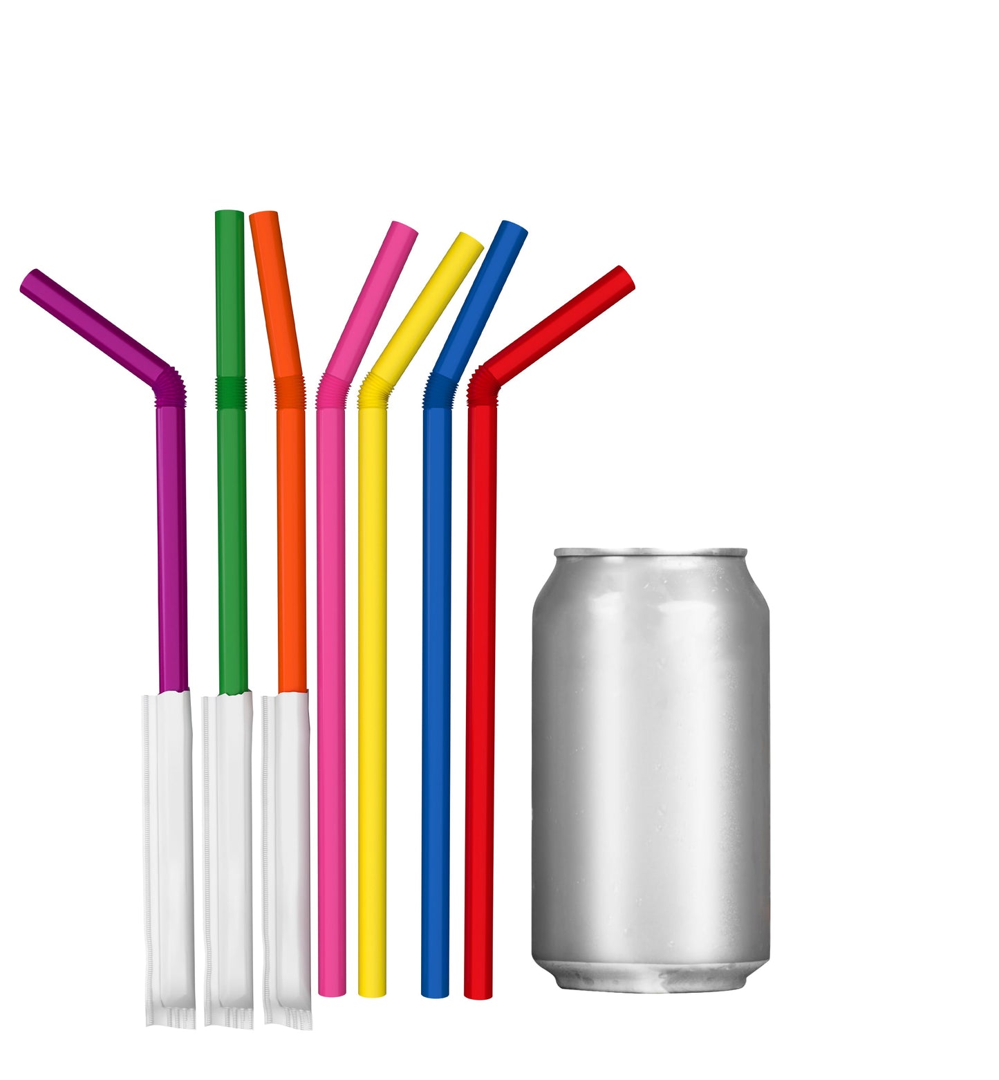 Colorful paper wrapped plastic flexible straws with bendable necks next to a silver soda can