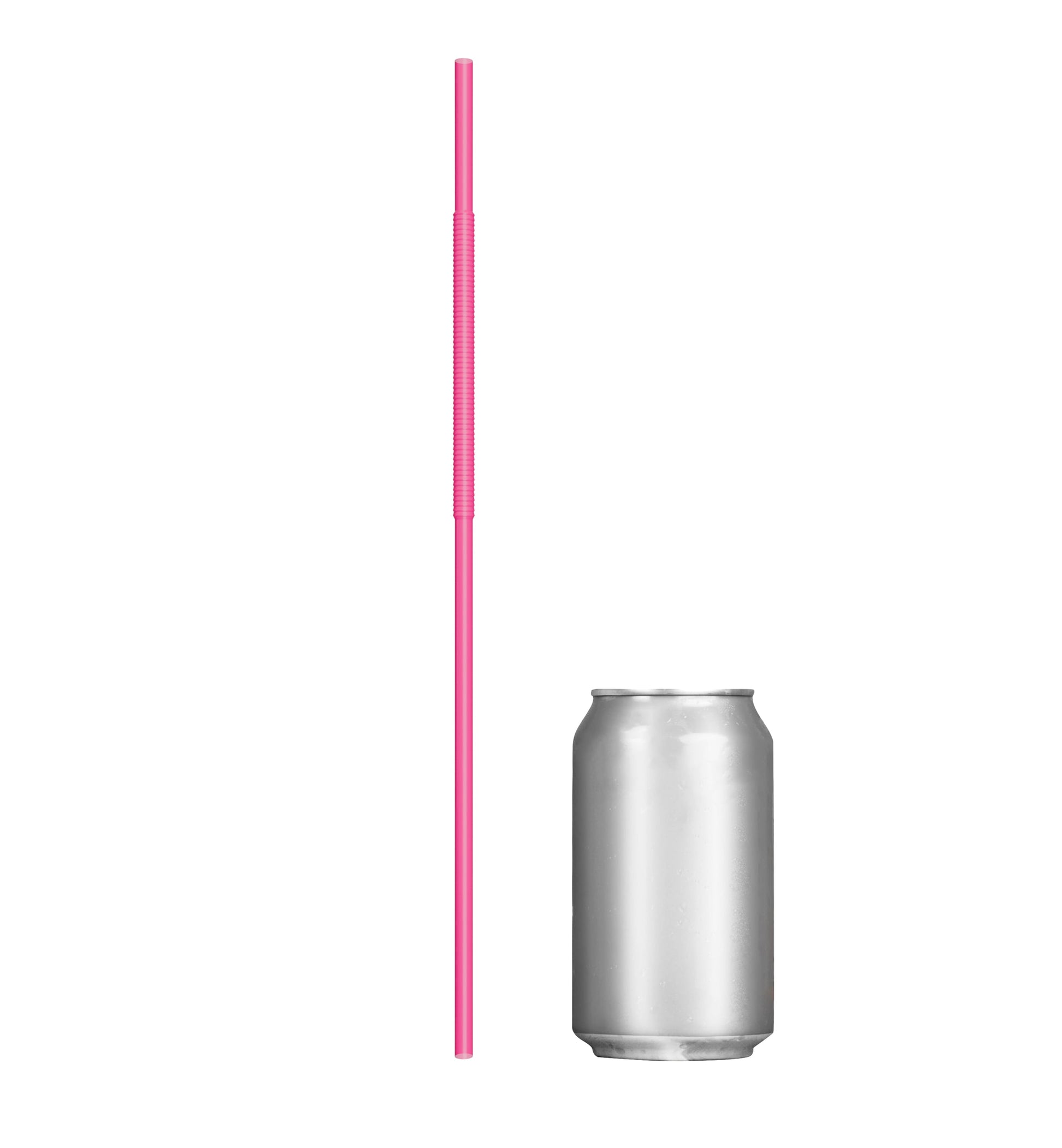 Pink Extra Flexible Art Straw next to a silver soda can showing its 13-inch length and bendable section
