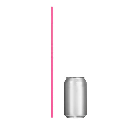 Pink Extra Flexible Art Straw next to a silver soda can showing its 13-inch length and bendable section