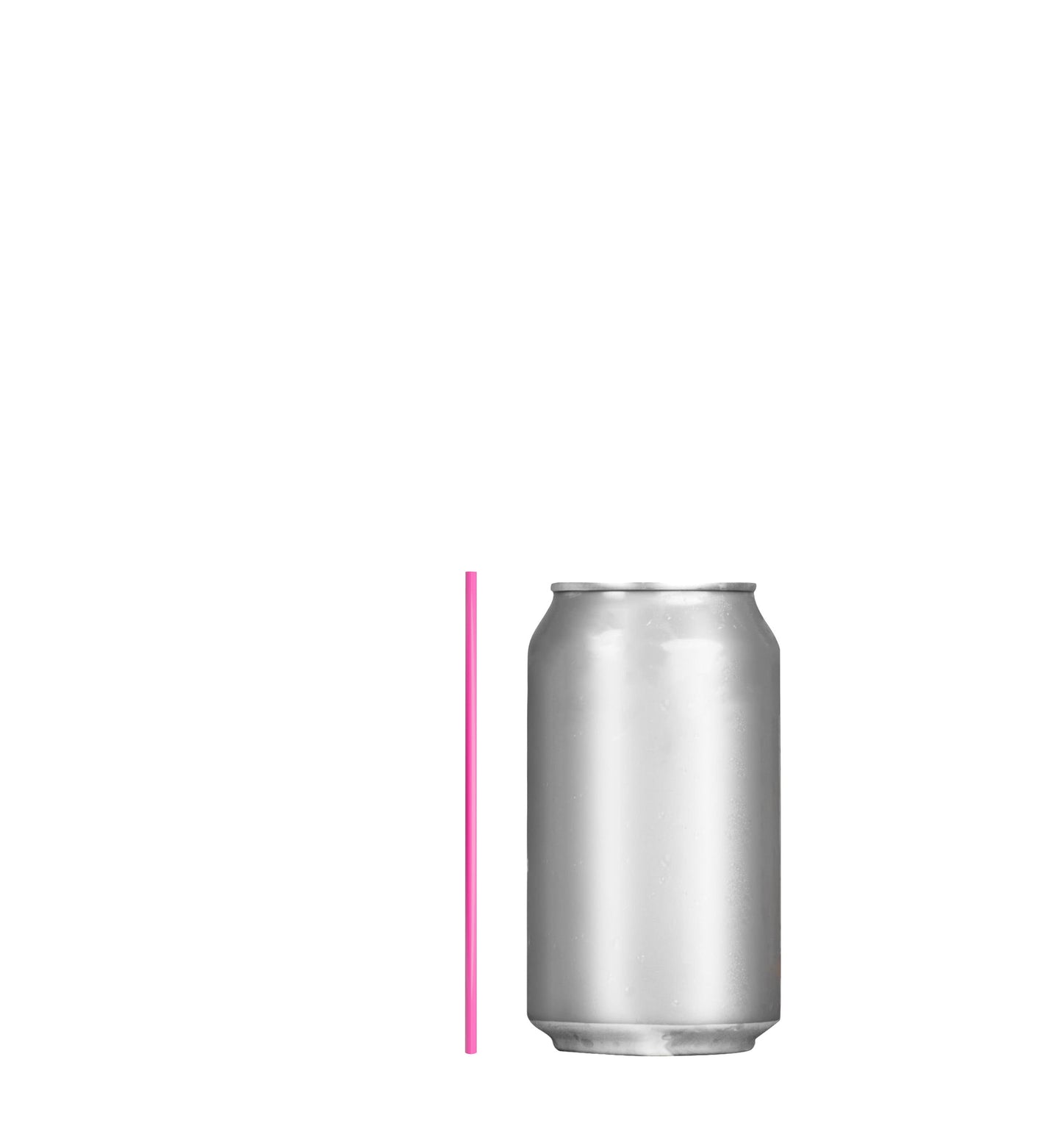 Pink film wrapped stirrer straw next to a silver drink can for hygienic beverage stirring