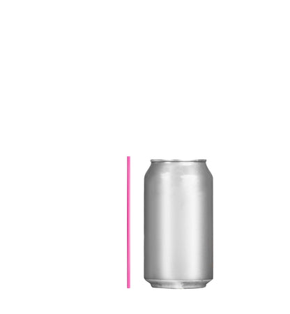 Pink film wrapped stirrer straw next to a silver drink can for hygienic beverage stirring
