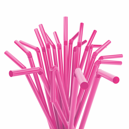 Pink paper wrapped plastic flexible straws with bendable necks for hygienic and convenient beverage use