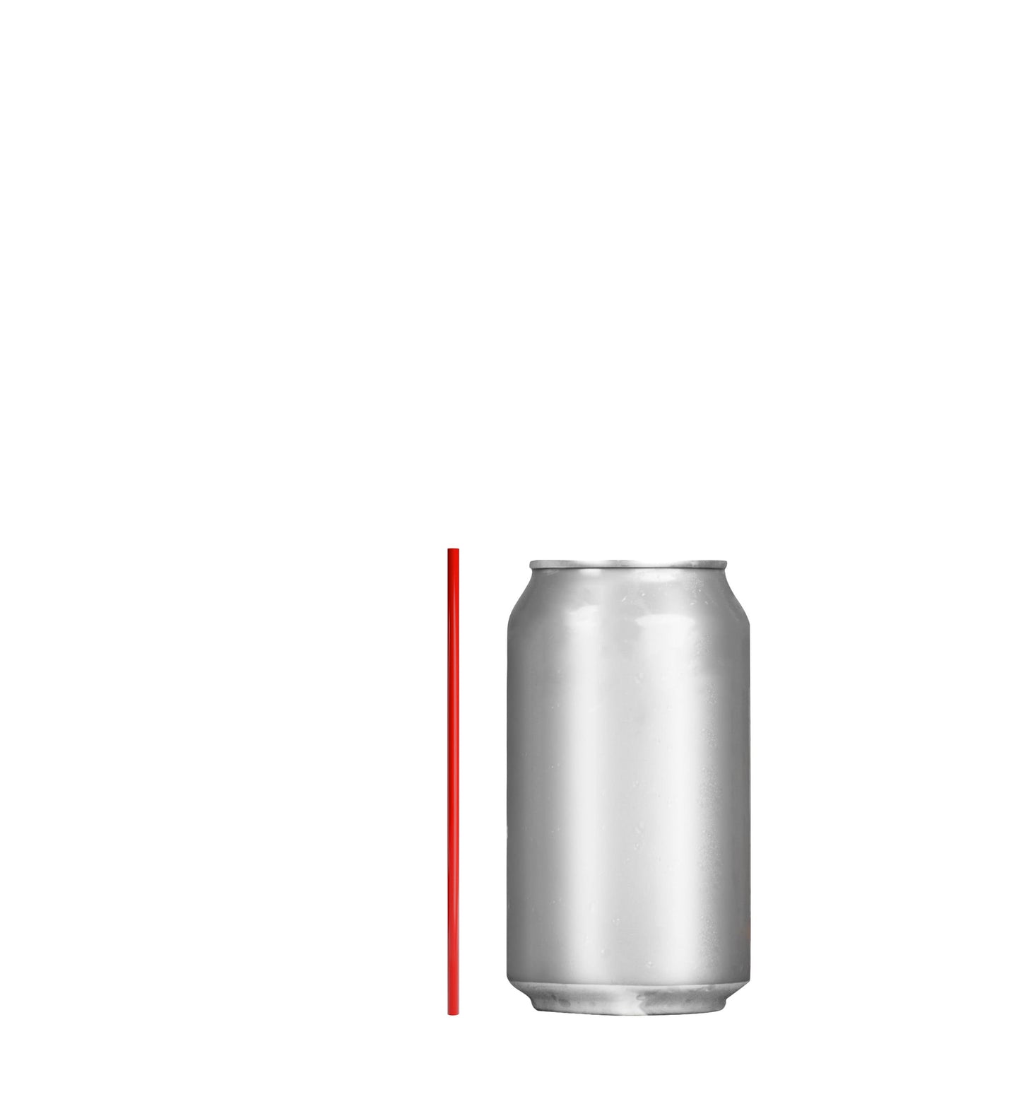 Red film wrapped stirrer straw next to a silver beverage can