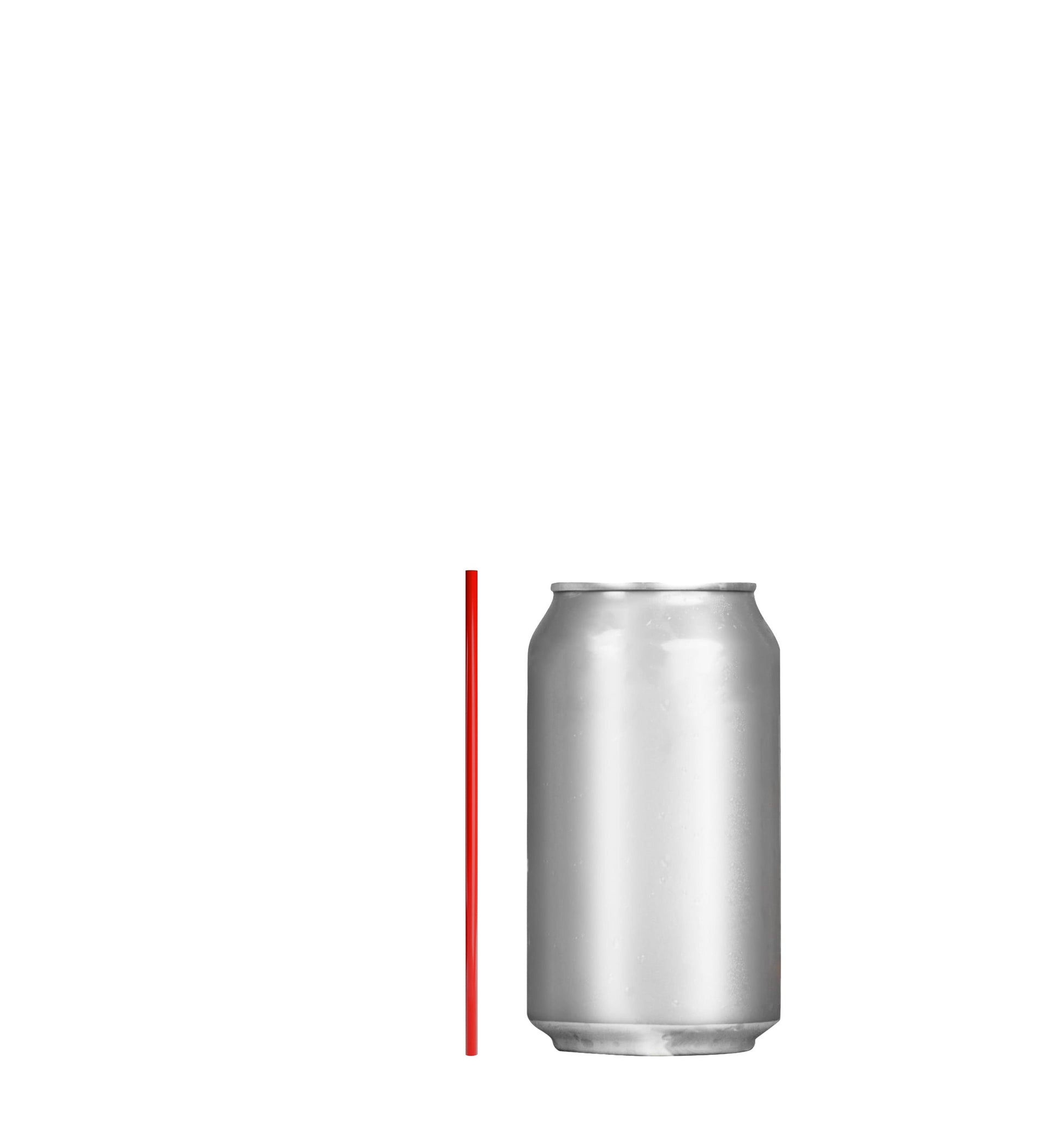 Red film wrapped stirrer straw next to a silver beverage can