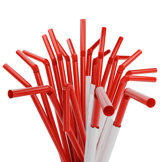 1 Case - 2,000 (8 x 250) Paper Wrapped Flexible Straws - 7.75" x 0.23" - Color: Red