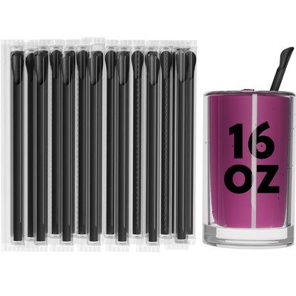 Film wrapped wide diameter black spoon straws individually wrapped with 16 oz drink glass and spoon tip