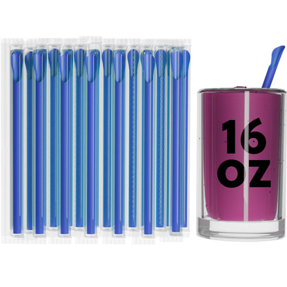Blue film wrapped wide diameter spoon straws individually wrapped next to a 16 oz drink glass with straw inserted