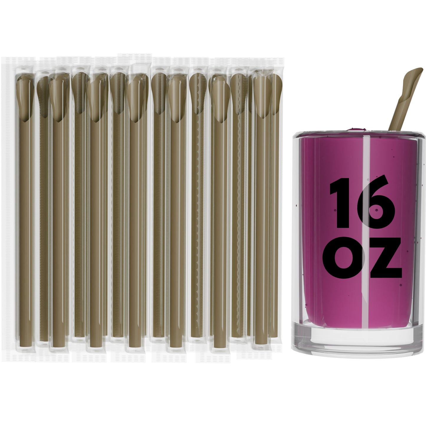 Set of individually film wrapped wide diameter spoon straws next to a drink with a straw inserted, perfect for thick beverages.