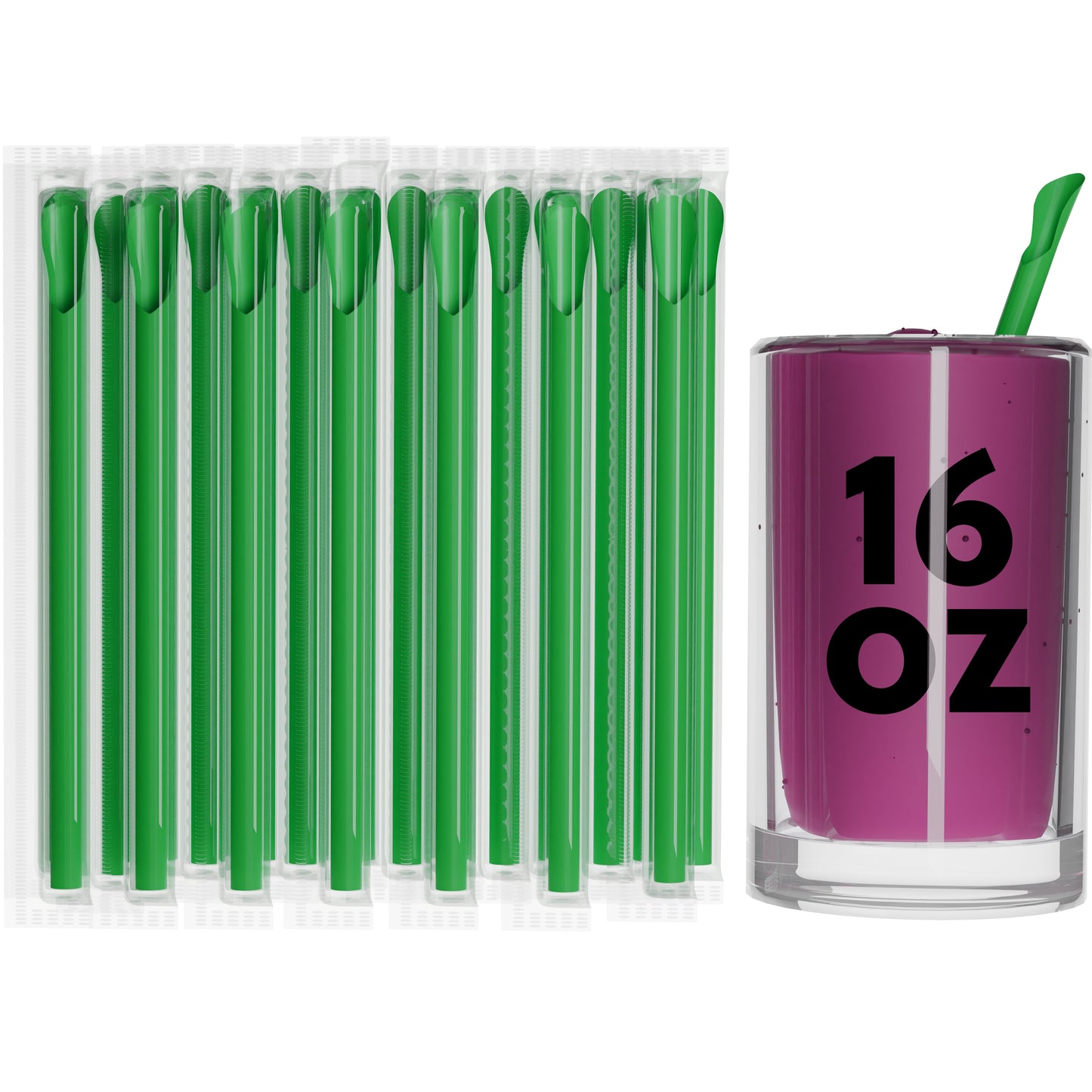 Green film wrapped wide diameter spoon straws and green straw in a 16oz cup for thick beverages