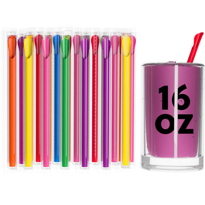 Colorful film wrapped wide diameter spoon straws next to a 16 oz purple drink with a red straw
