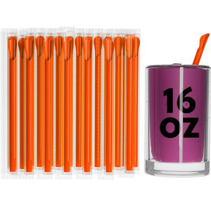 Orange film wrapped wide diameter spoon straws individually wrapped and one inserted in a 16 oz glass