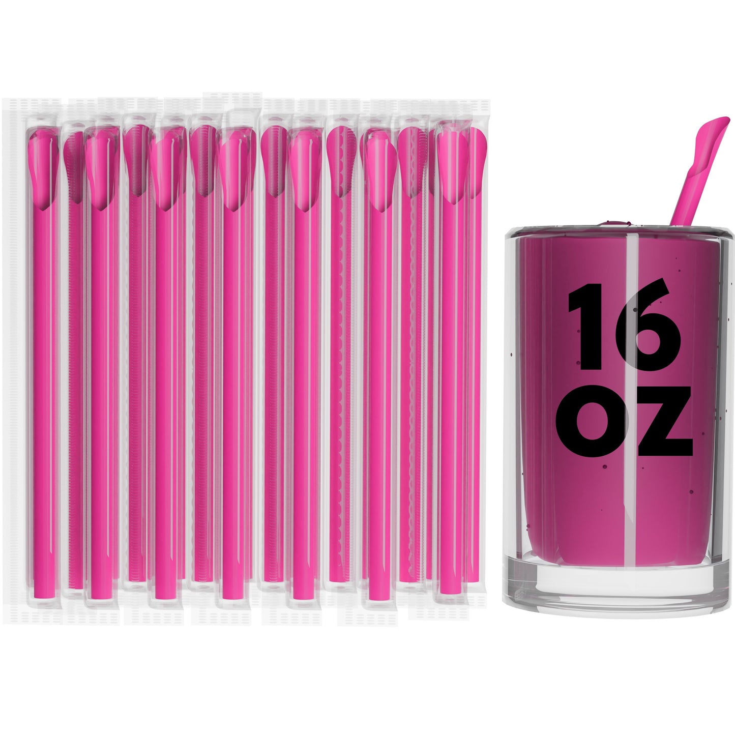 Pack of individually wrapped pink film wrapped wide diameter spoon straws with a wide opening and spoon tip for thick beverages and desserts