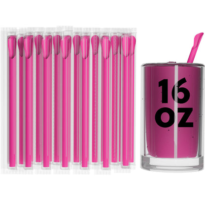 Pack of individually wrapped pink film wrapped wide diameter spoon straws with a wide opening and spoon tip for thick beverages and desserts