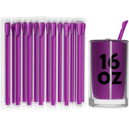 Purple film wrapped wide diameter spoon straws individually wrapped for hygiene next to 16 oz drink cup with spoon straw inserted