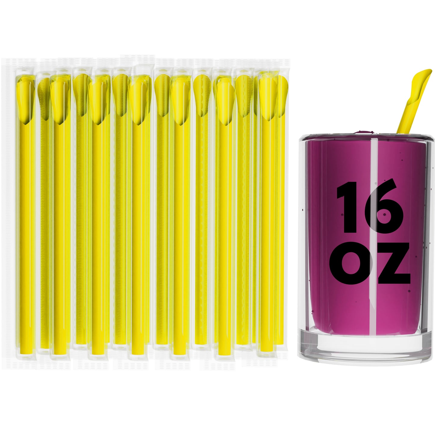 Yellow film wrapped wide diameter spoon straws next to a 16 oz drink cup