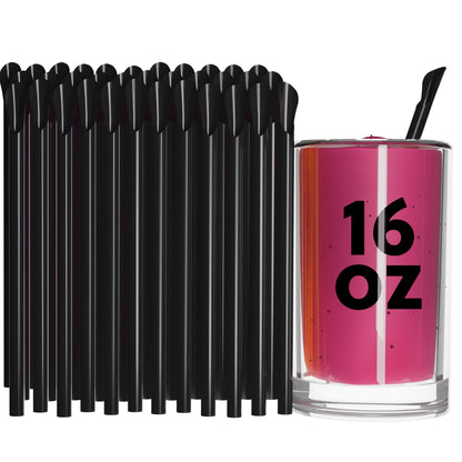 Unwrapped Classic Spoon Straws black 8-inch for thick drinks with spoon tip next to 16 oz glass