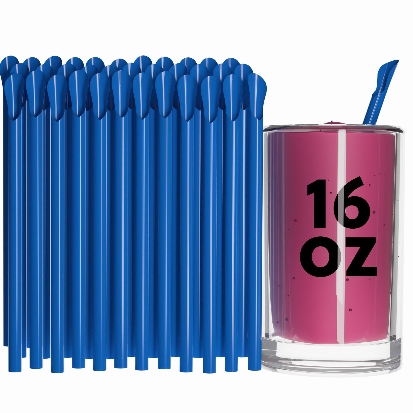 Unwrapped Classic Spoon Straws blue plastic with spoon tip for thick beverages next to 16 oz drink