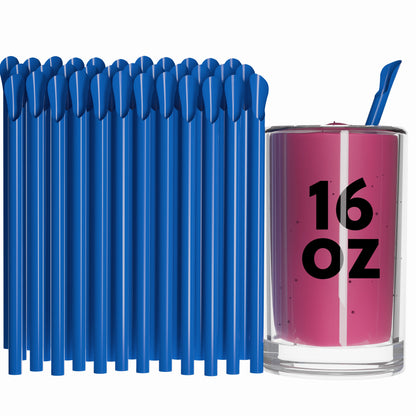 Unwrapped Classic Spoon Straws blue plastic with spoon tip for thick beverages next to 16 oz drink