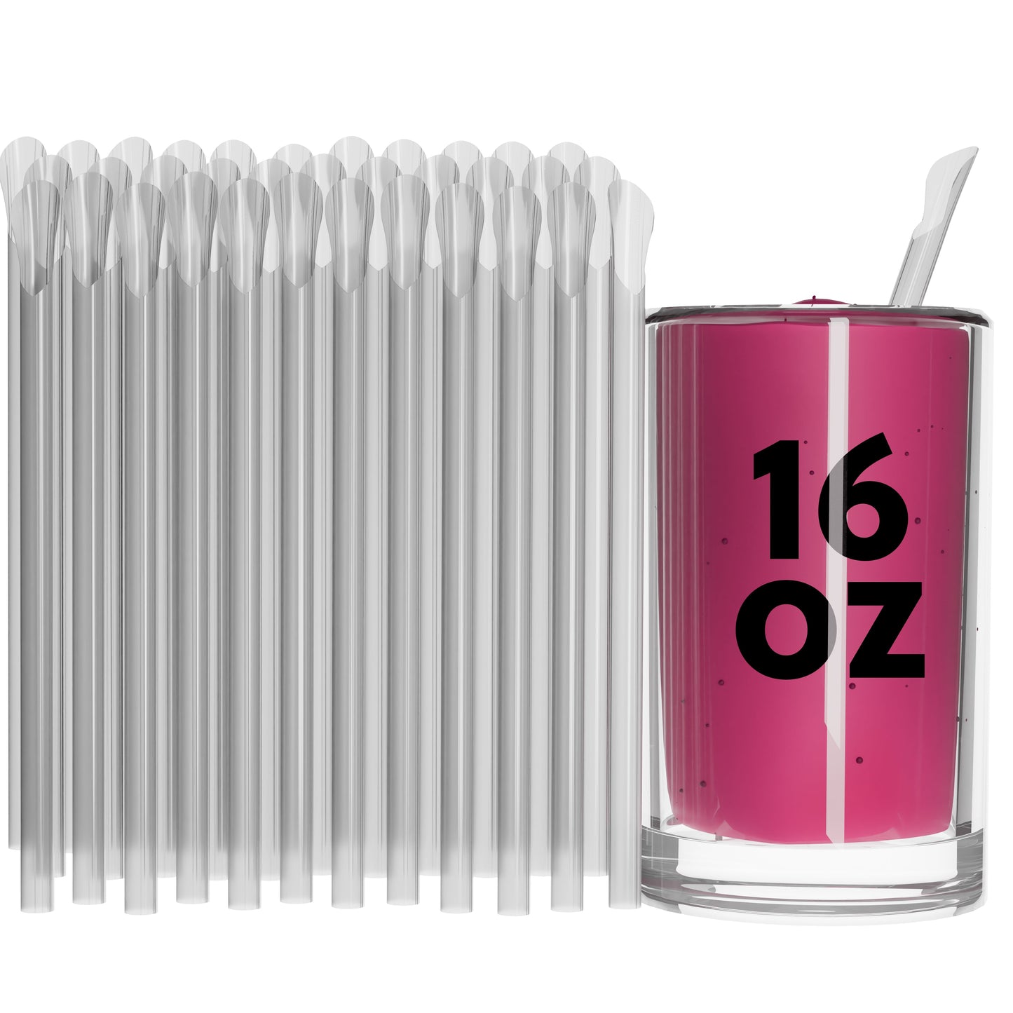 Unwrapped Classic Spoon Straws clear plastic spoon straws beside 16 oz pink drink glass