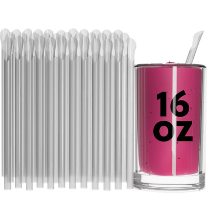 Unwrapped Classic Spoon Straws clear plastic spoon straws beside 16 oz pink drink glass