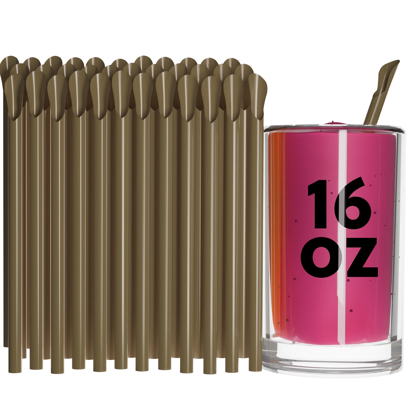 Unwrapped Classic Spoon Straws set with brown unwrapped straws and a 16 oz pink beverage in a clear glass with a spoon tip straw.