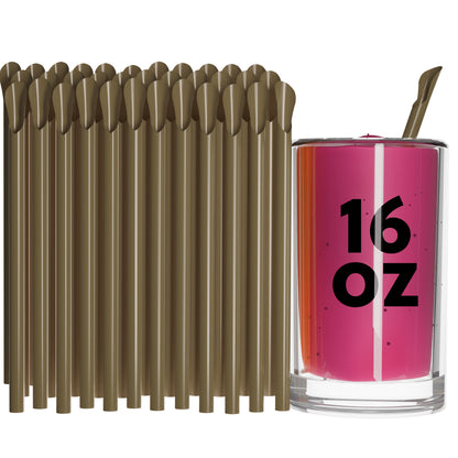 Unwrapped Classic Spoon Straws set with brown unwrapped straws and a 16 oz pink beverage in a clear glass with a spoon tip straw.