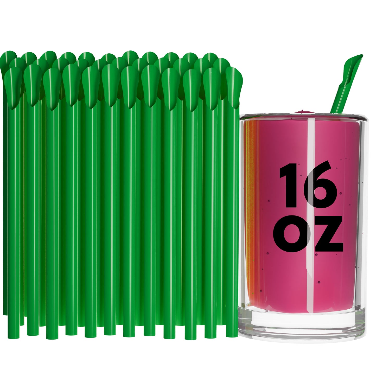 Green Unwrapped Classic Spoon Straws next to a 16 oz glass of pink beverage with one straw inserted