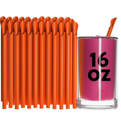Orange Unwrapped Classic Spoon Straws next to a 16 oz pink beverage in a clear glass with one straw inserted