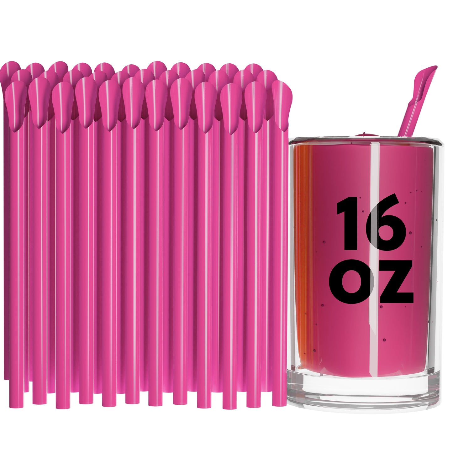 Unwrapped Classic Spoon Straws pink 8-inch plastic for thick drinks with smooth spoon tip and 16 oz drink cup