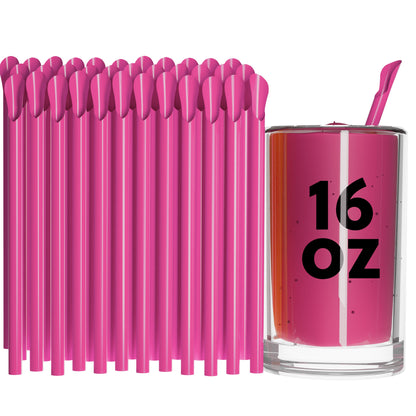 Unwrapped Classic Spoon Straws pink 8-inch plastic for thick drinks with smooth spoon tip and 16 oz drink cup