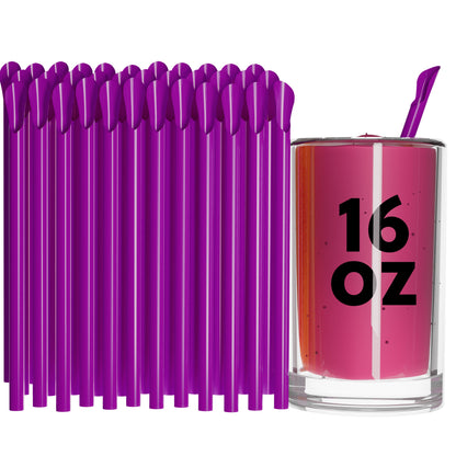 Purple unwrapped classic spoon straws with a 16 oz drink in a clear glass