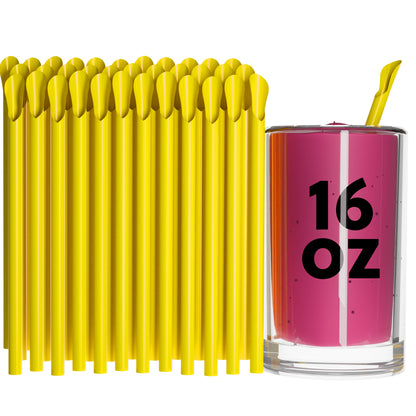 Yellow unwrapped classic spoon straws beside a 16 oz glass with a yellow straw inserted
