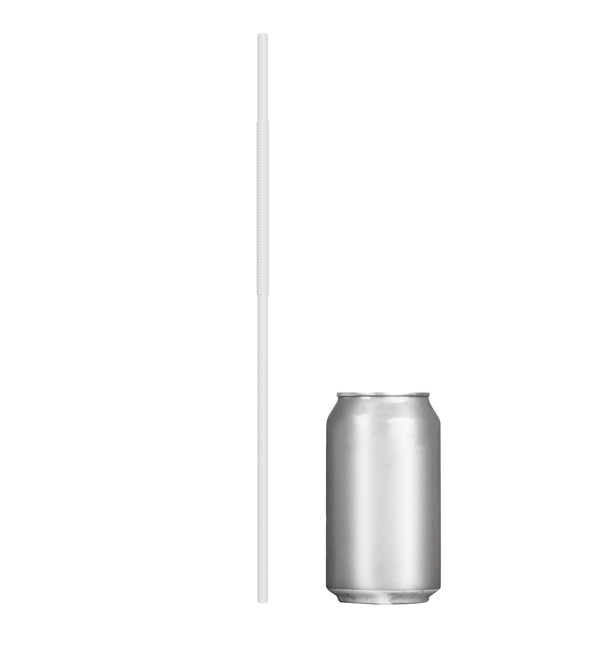 Extra Flexible Art Straw next to a silver soda can, 13 inches long with bendable section, white color