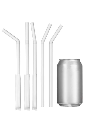 Paper wrapped plastic flexible straws next to a silver soda can with bent and straight straw positions