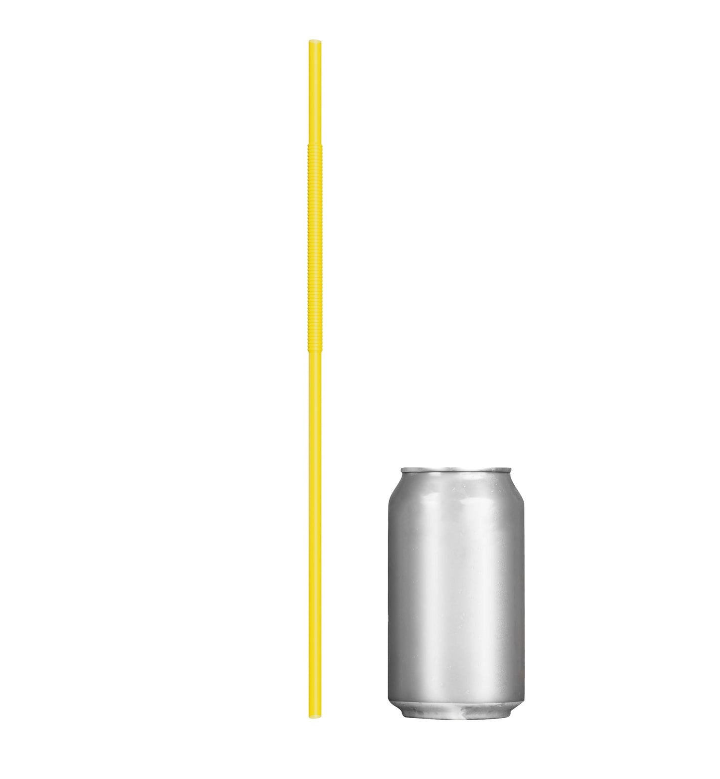 Yellow extra flexible art straw next to a silver soda can on white background