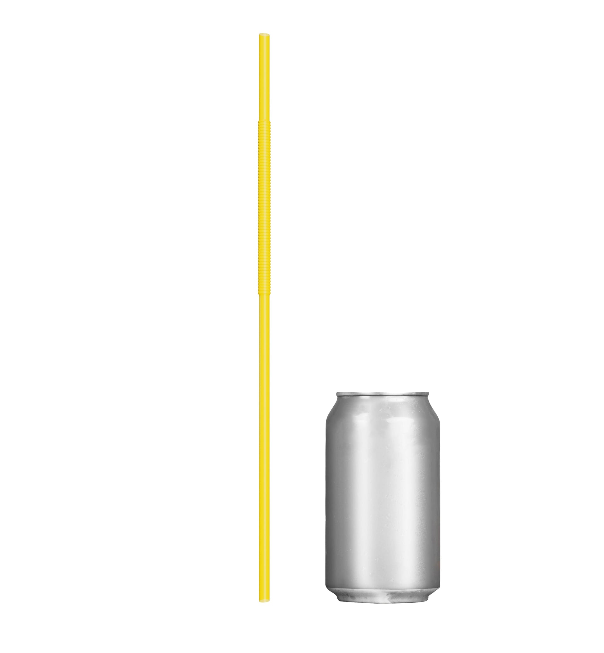 Yellow extra flexible art straw next to a silver soda can on white background