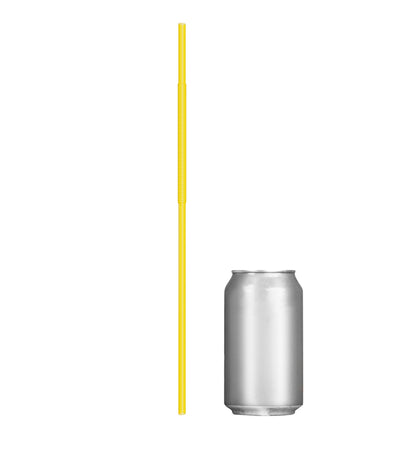 Yellow extra flexible art straw next to a silver soda can on white background