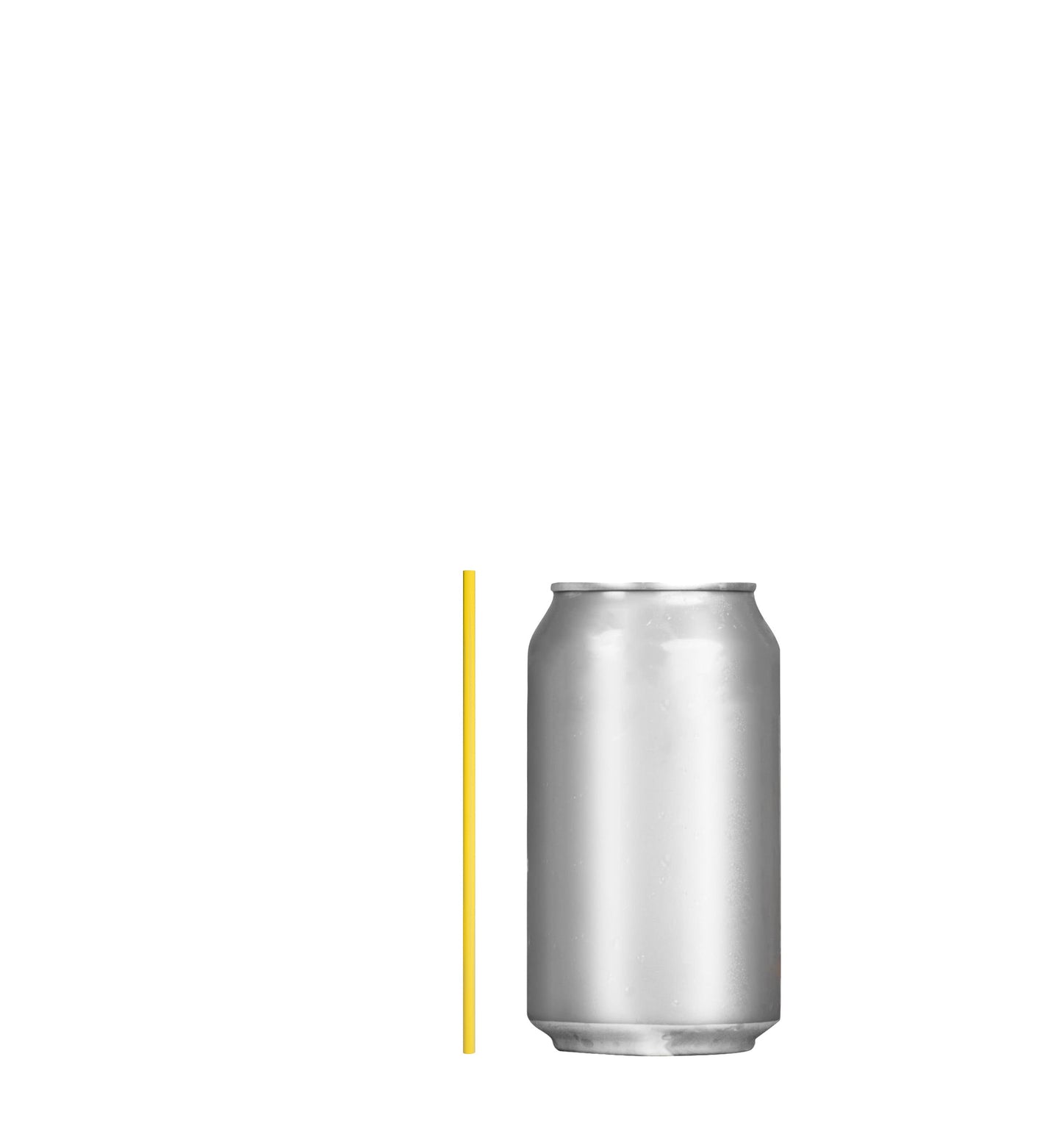 Yellow film wrapped stirrer straw next to a silver soda can on white background