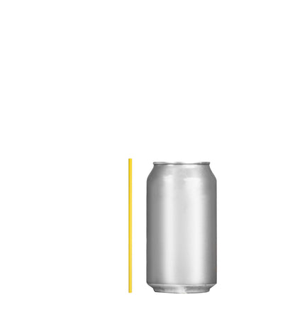 Yellow film wrapped stirrer straw next to a silver soda can on white background